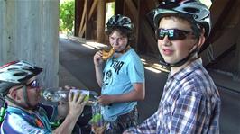 Refreshments on the covered wooden bridge at Büren.  And a lovely expression from Lawrence!  11.8 miles into the ride
